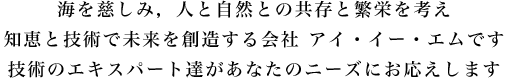 海を慈しみ，人と自然との共存と繁栄を考え知恵と技術で未来を創造する会社 アイ・イー・エムです技術のエキスパート達があなたのニーズにお応えします